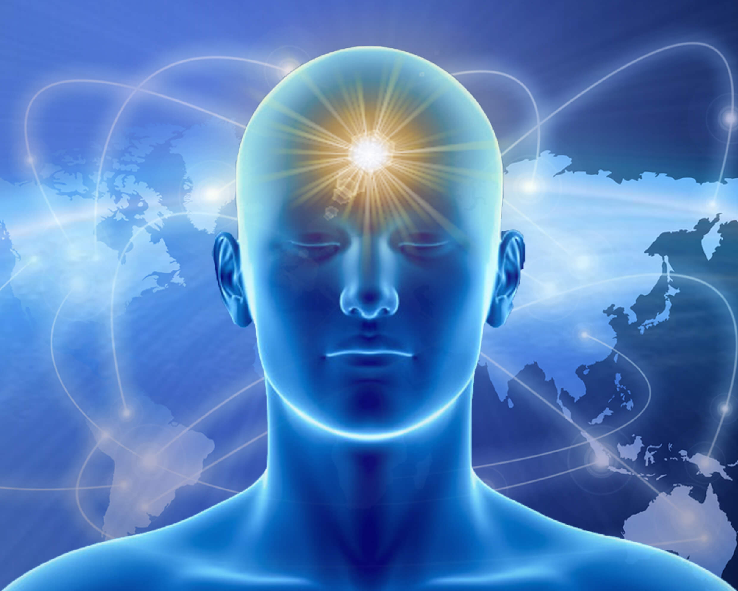 Human head with light coming from its forehead